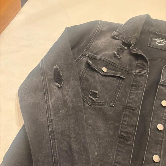 American Bazi Black Distressed Denim Jacket | Grunge Style | Size Large - Picture 3 of 7